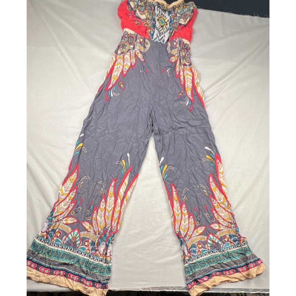 Flying Tomato L Strapless Wide-Leg Boho Print Rayon Jumpsuit w/ Belt